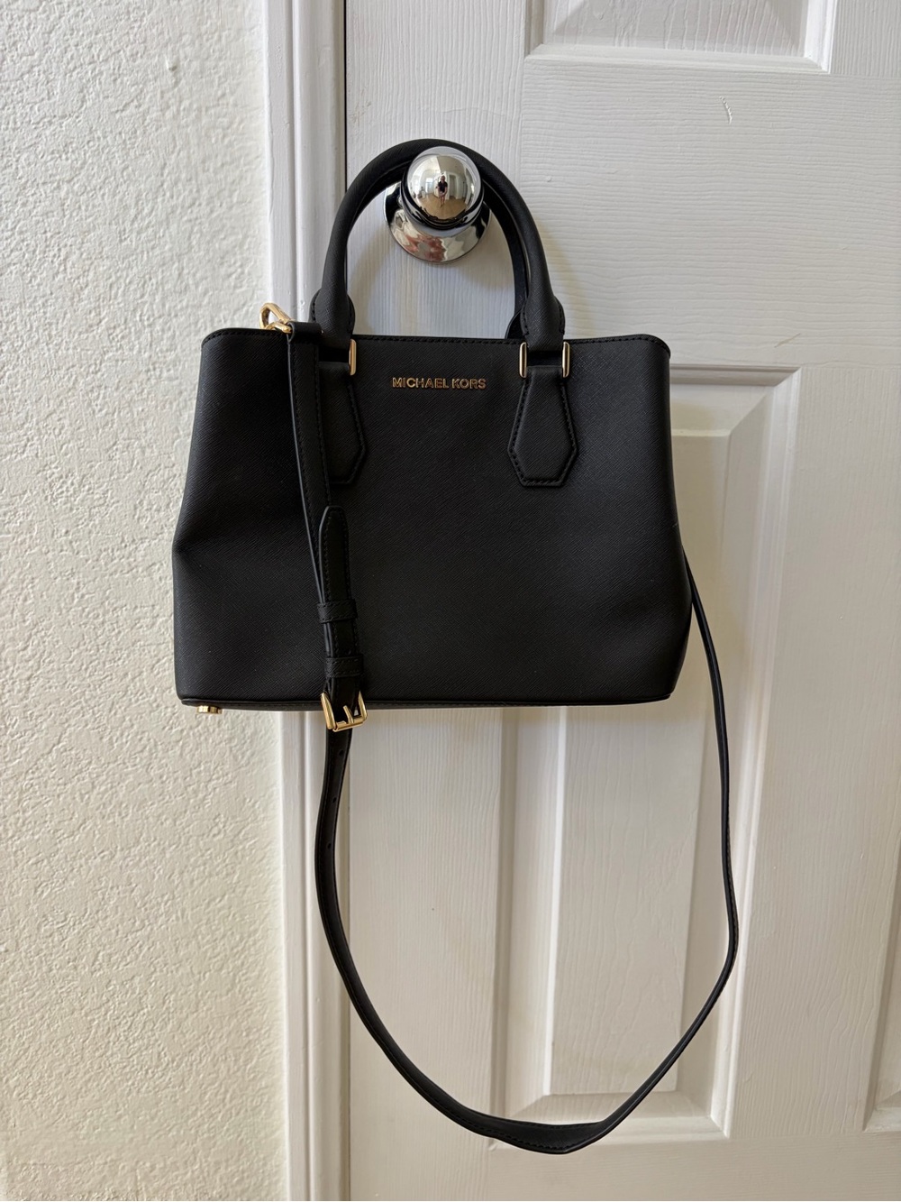 Michael Kors Black Leather Satchel with Gold-Tone Accents